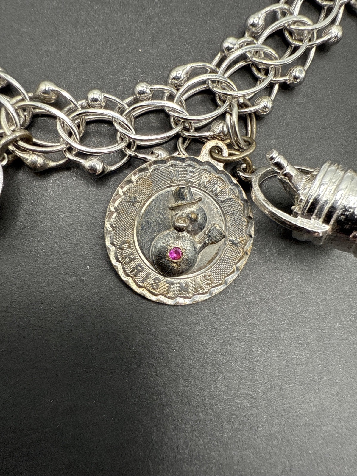 VINTAGE STERLING SILVER CHARM BRACELET Champagne Hat Barrel Grad 32 G 7” J13