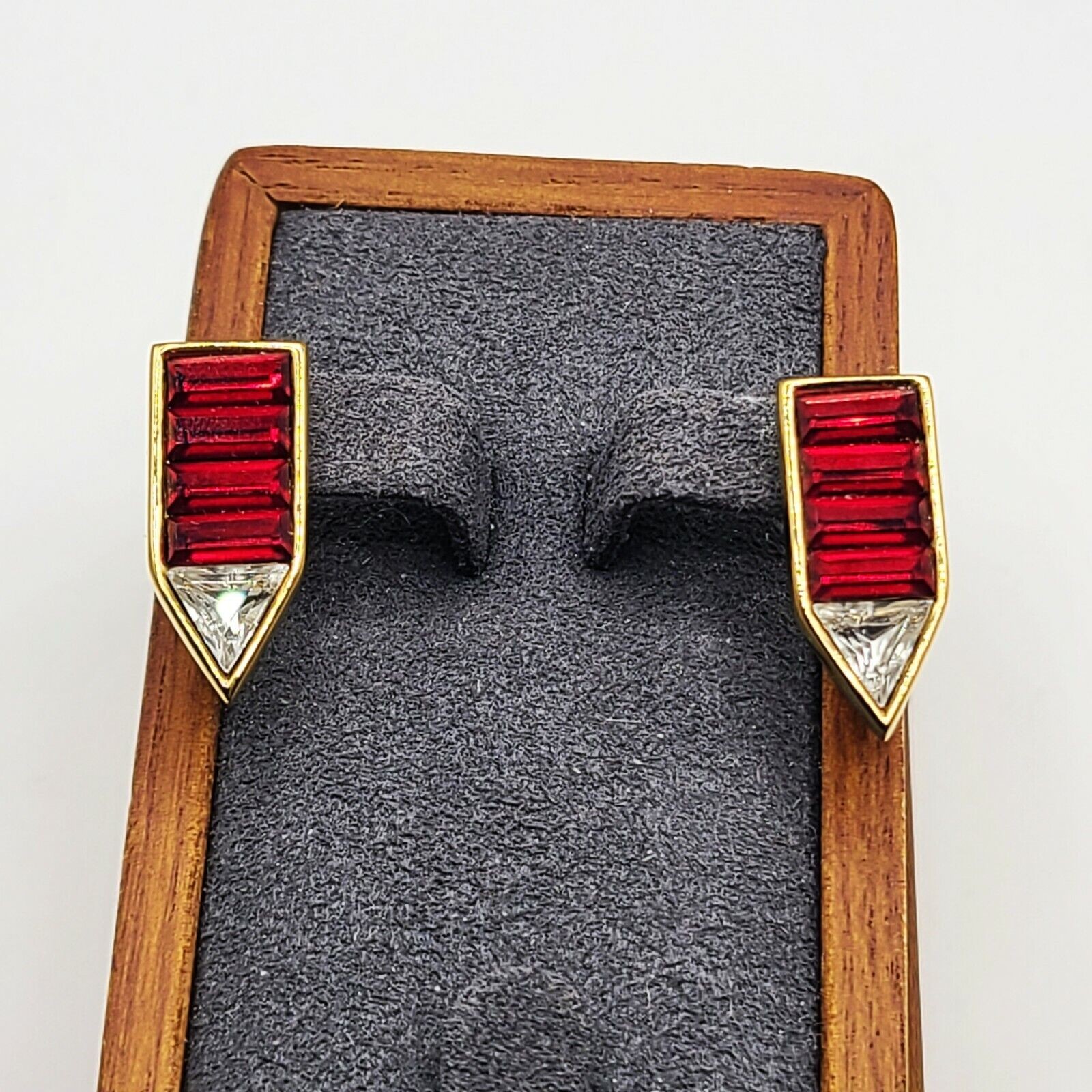 Monet Vintage Signed Peirced Earrings Shiny Gold Red Baguette Crystal Arrow