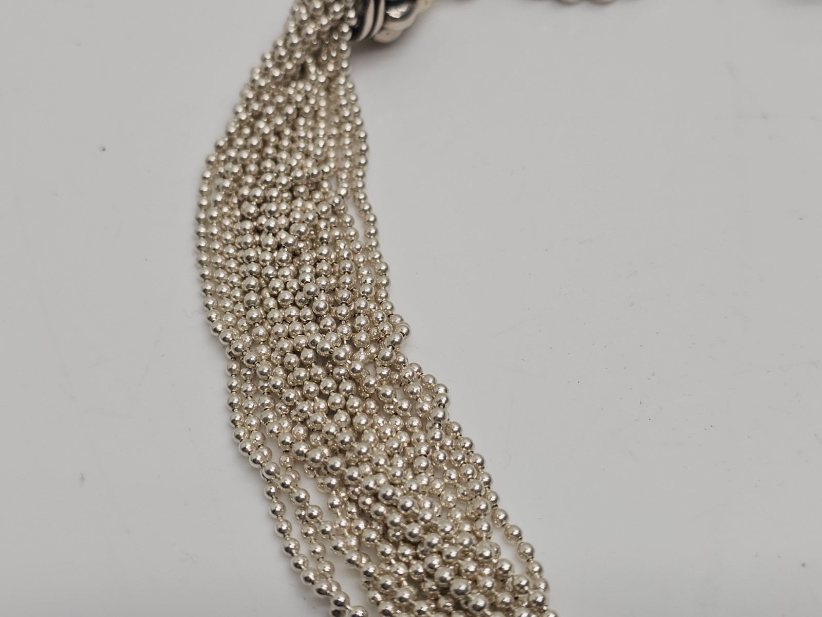 Multi Strand Silver 925 Bead Necklace Amber Glass Front Clasp Statement 17.5 in