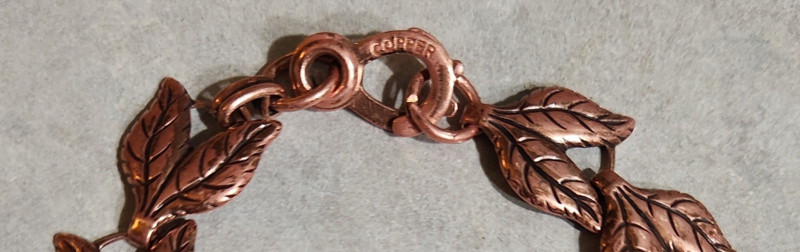 Vtg Unmarked Stamped Copper Double Leaf 7″ Link Bracelet With Heart Sister Clasp