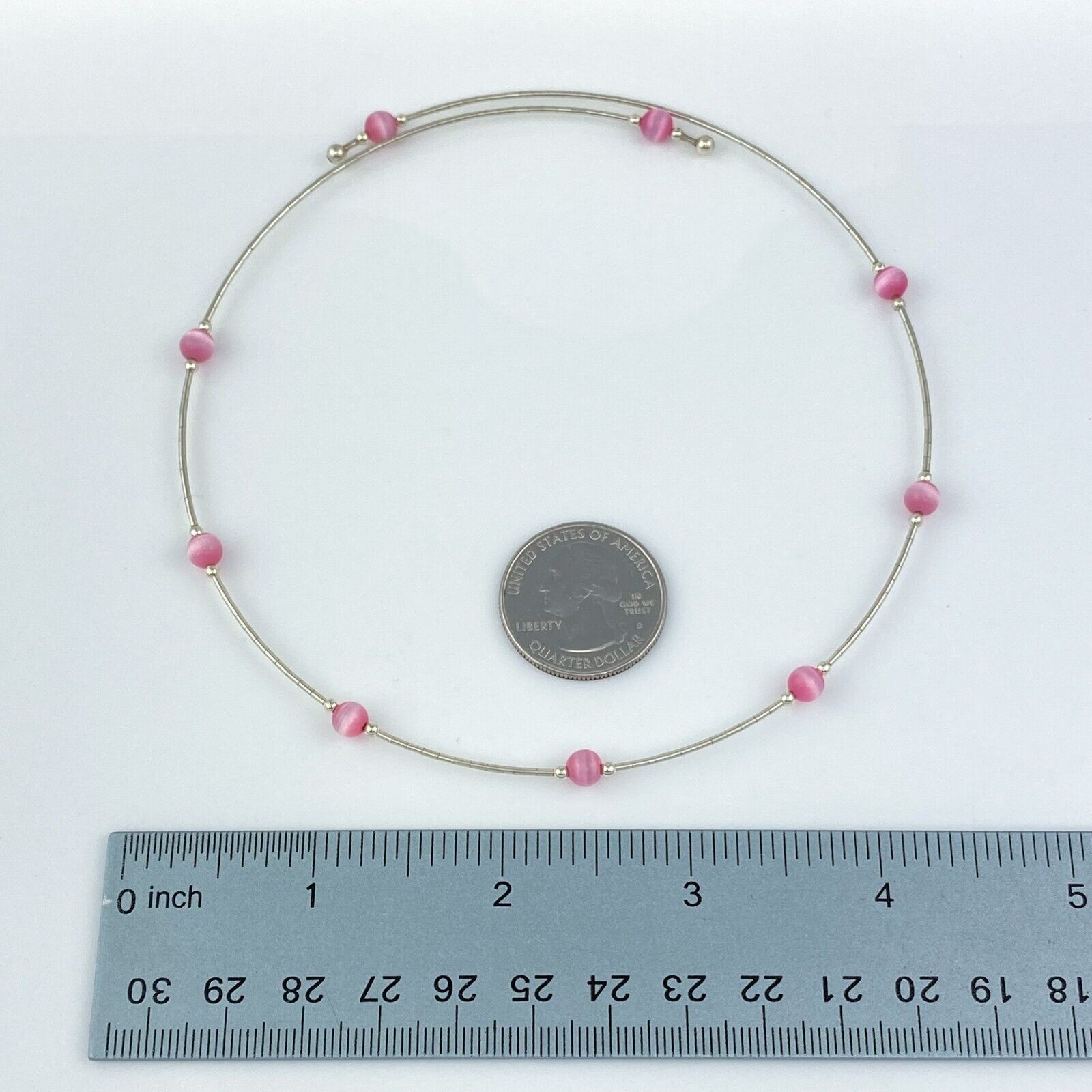 Pink Cat’s Eye Tension Wire Necklace | Vintage Sterling Silver | 16″