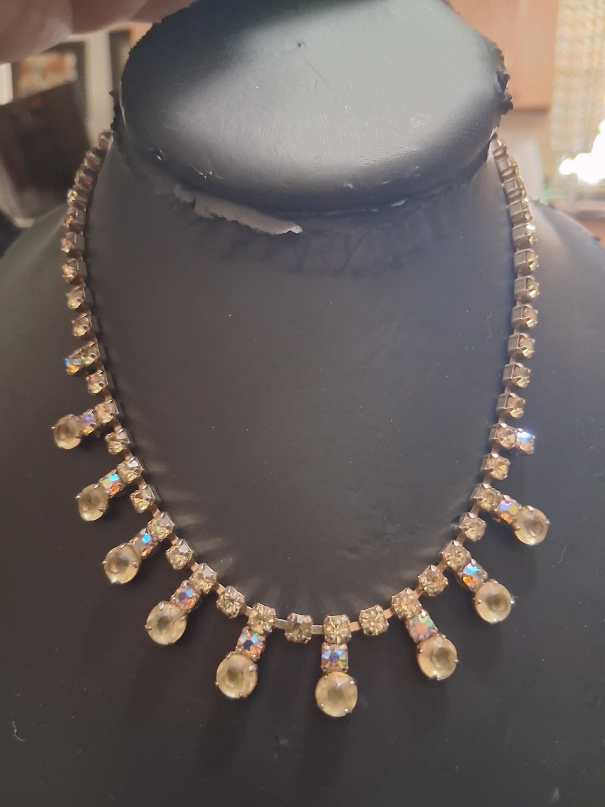 Frosted yellow jonquil crystal, faceted yellow rhinestone necklace w/aurora AB