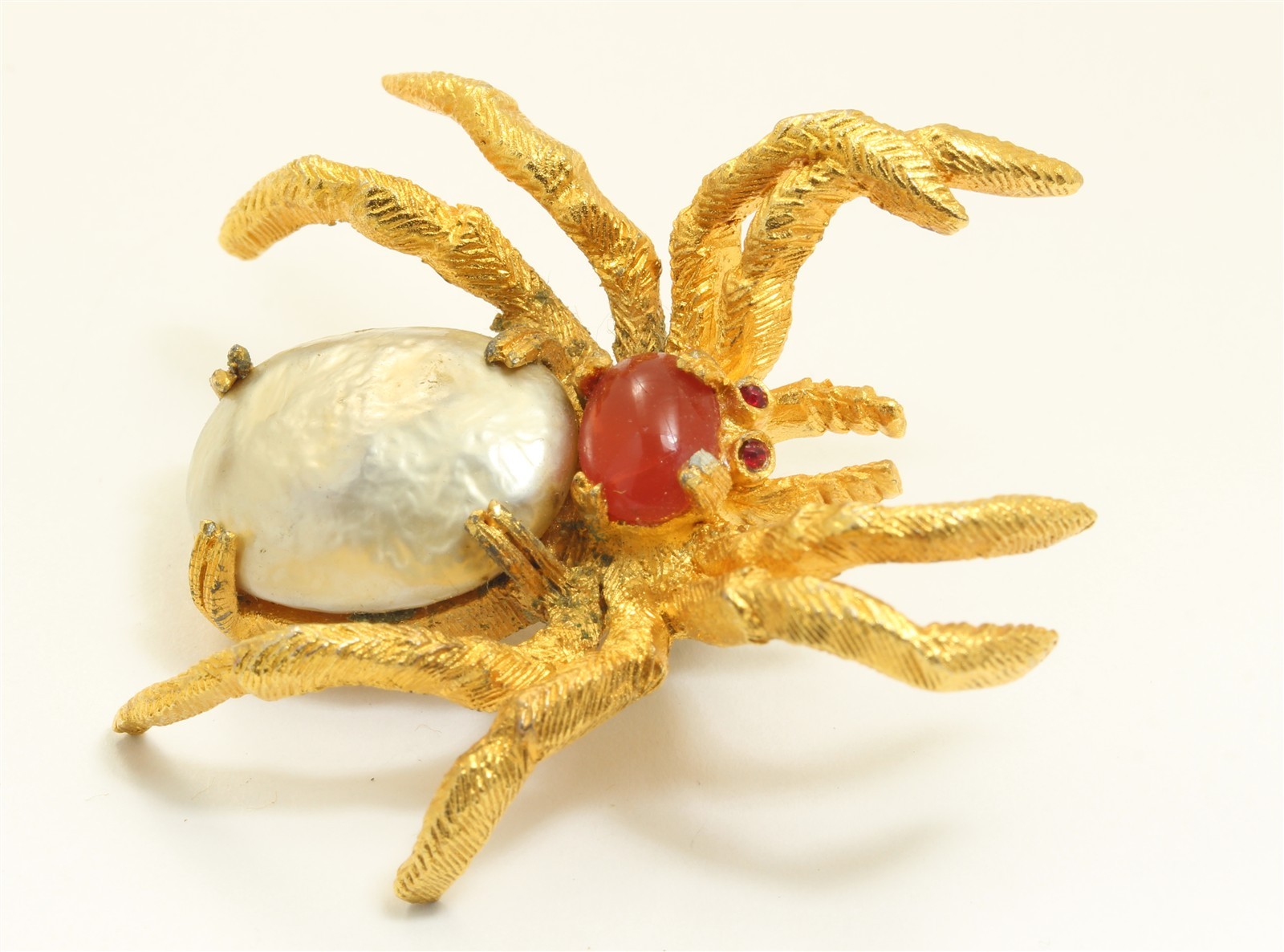 Vintage Mid Century Large Gold Tone Rhinestone Pearl Spider Lapel Pin