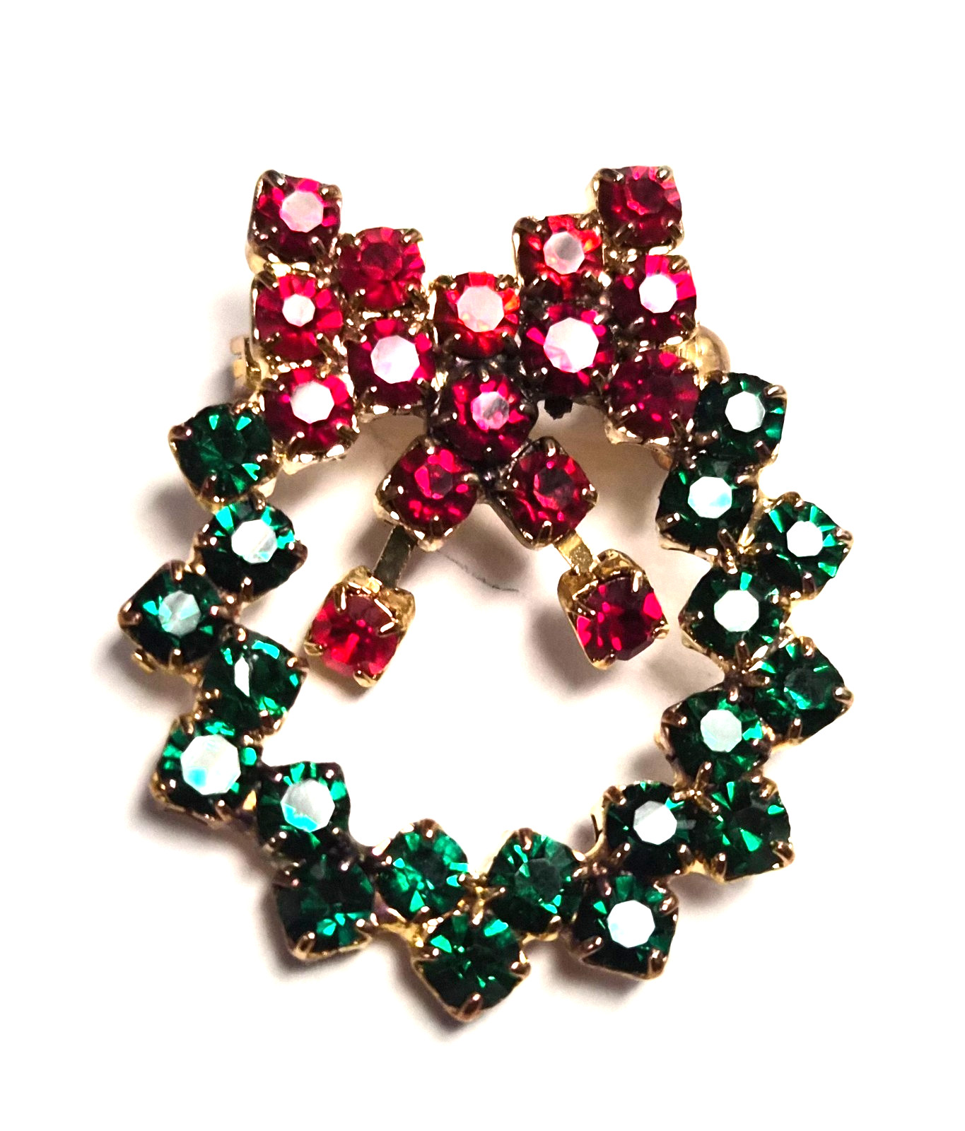 Vintage Small Christmas Red & Green Rhinestone Wreath Lapel Pin / Brooch