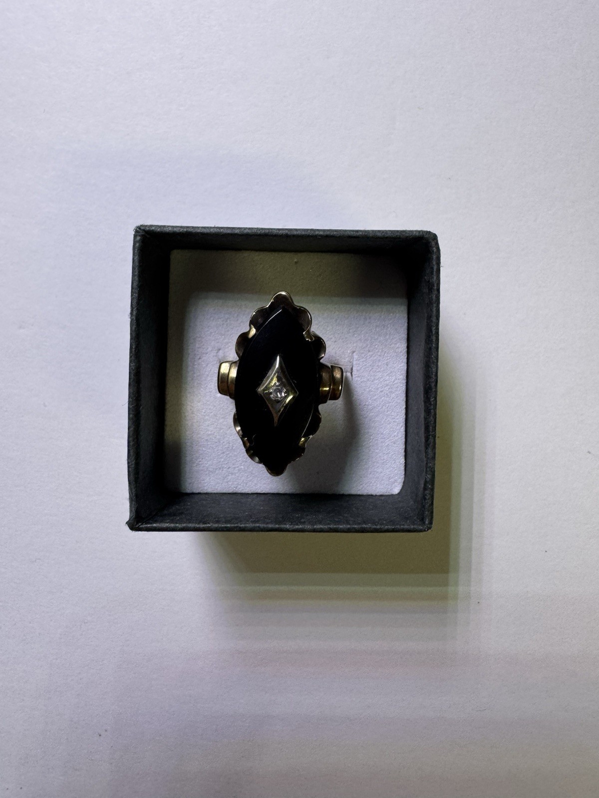 Vintage 10K Gold Black Onyx Diamond Ring Marquise Gothic Statement Estate 1940s