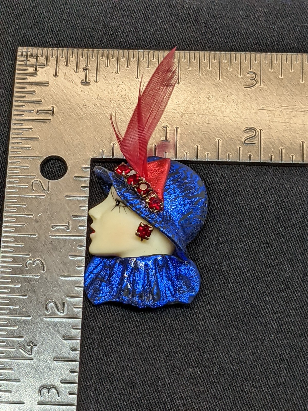 Vintage Lady Head Brooch Blue Glitter Hat Red Rhinestones Feather Pin Retro