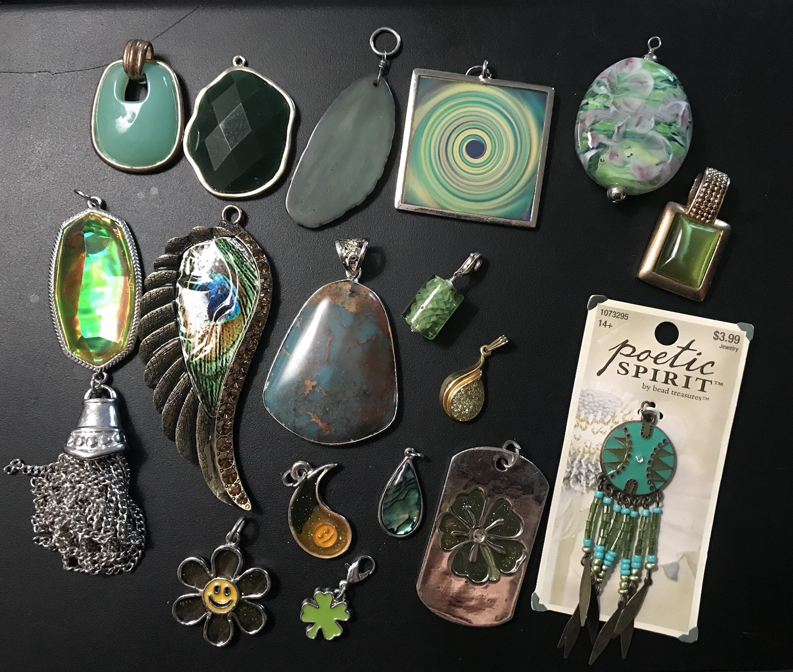 vintage green pendant mixed metal gem millefiori murano glass clover charm lot