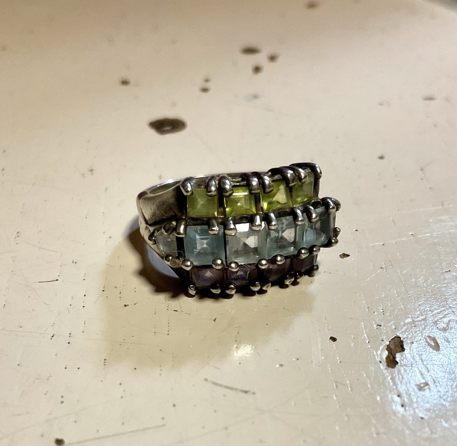 Vintage Multicolor 14 Stones Sterling Silver Ring Size 6.5 Green Purple Blue 925