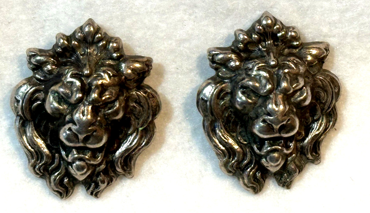 Vintage Sterling Silver Lion Head Clip Earrings About 1 1/4″ Tall & 11.1 grams