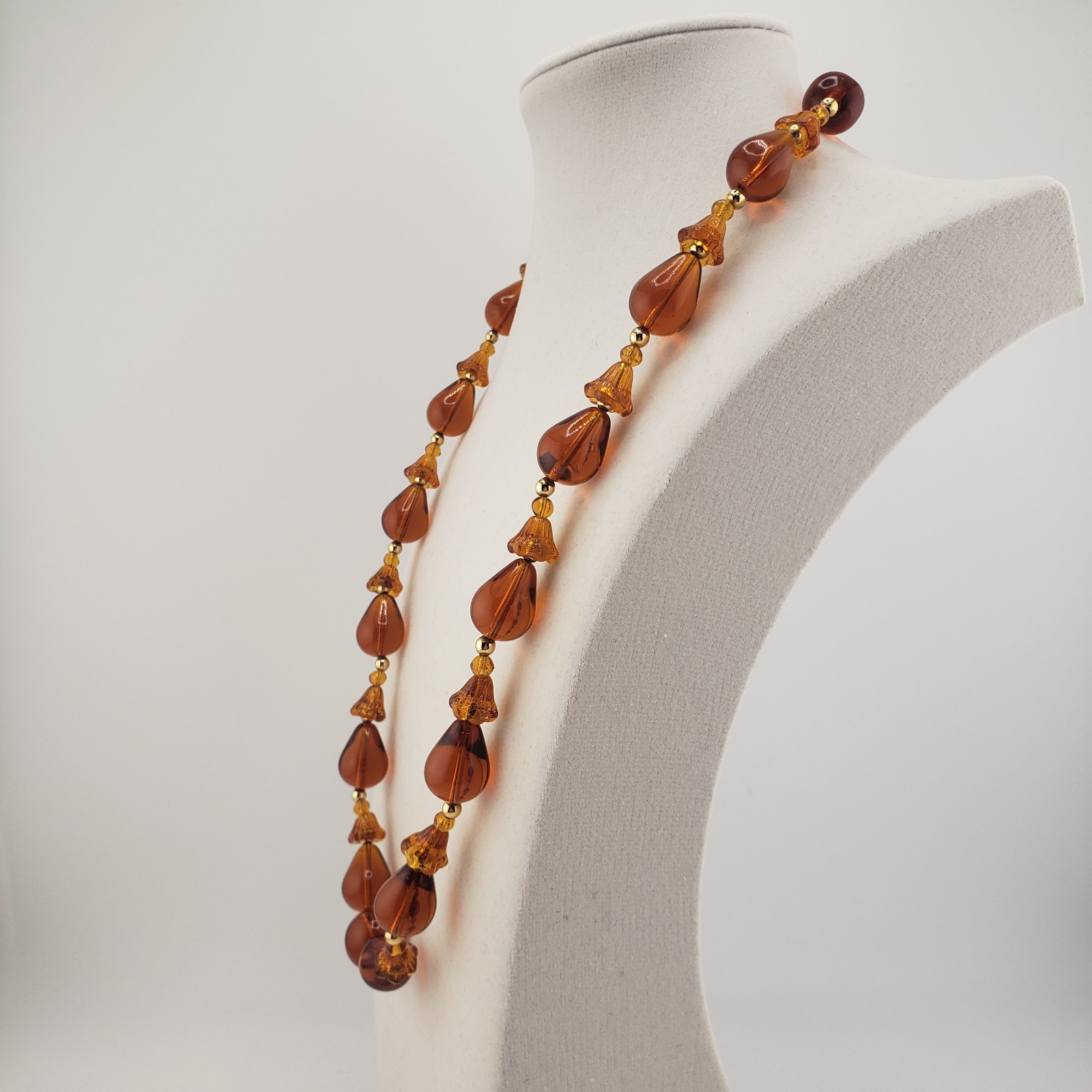 Glass Bead Necklace Chunky Multi Shapes Cognac Brown Earthy Boho Hippie VTG 22″