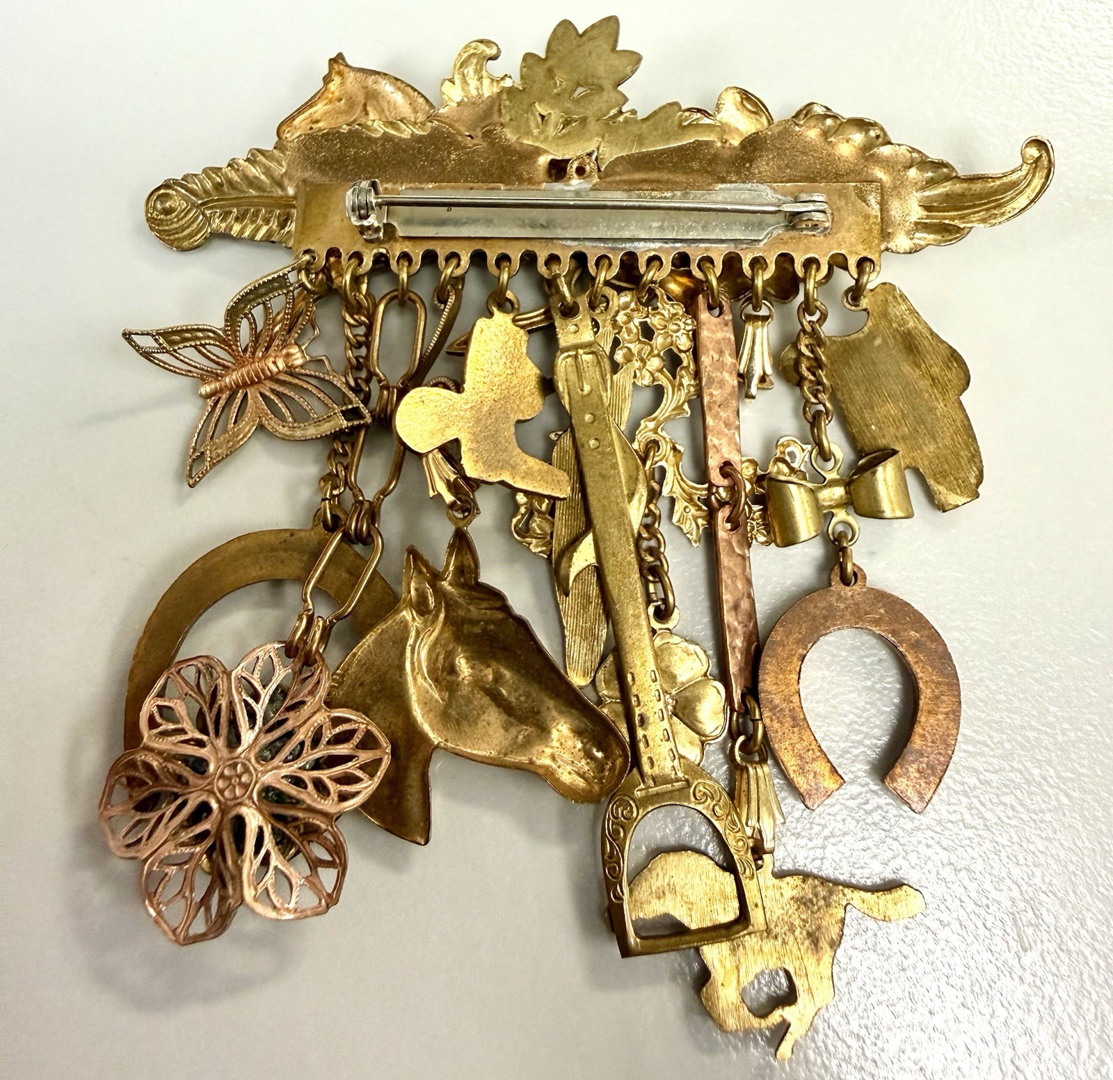 Vintage Equestrian Horse Charm Dangle Brooch Running Horse Horseshoe Stirrup