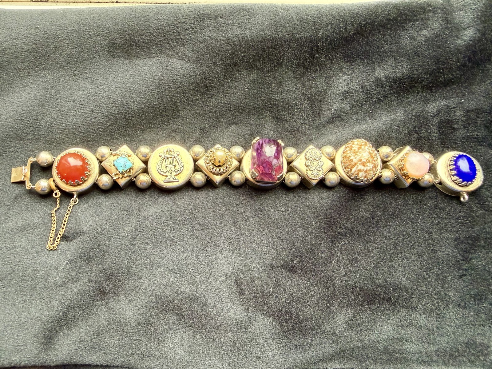 Victorian Revival Slide Bracelet with Gemstone and Shell Charms Vintage 7.5″