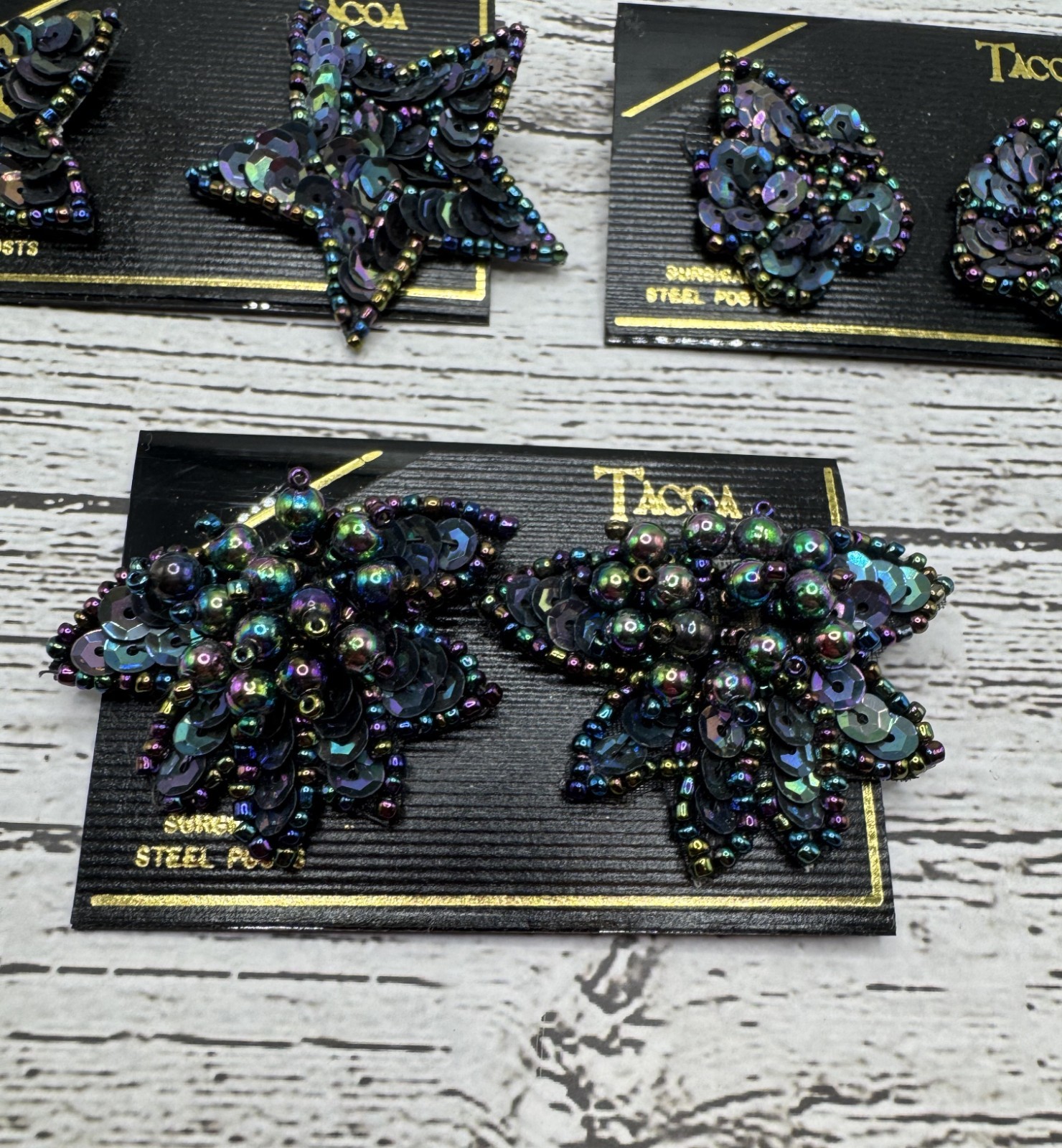 Vintage Tacoa Sequin w Beads Pierced Earrings Dark Iridescent Bling- 3 Pair- NWT