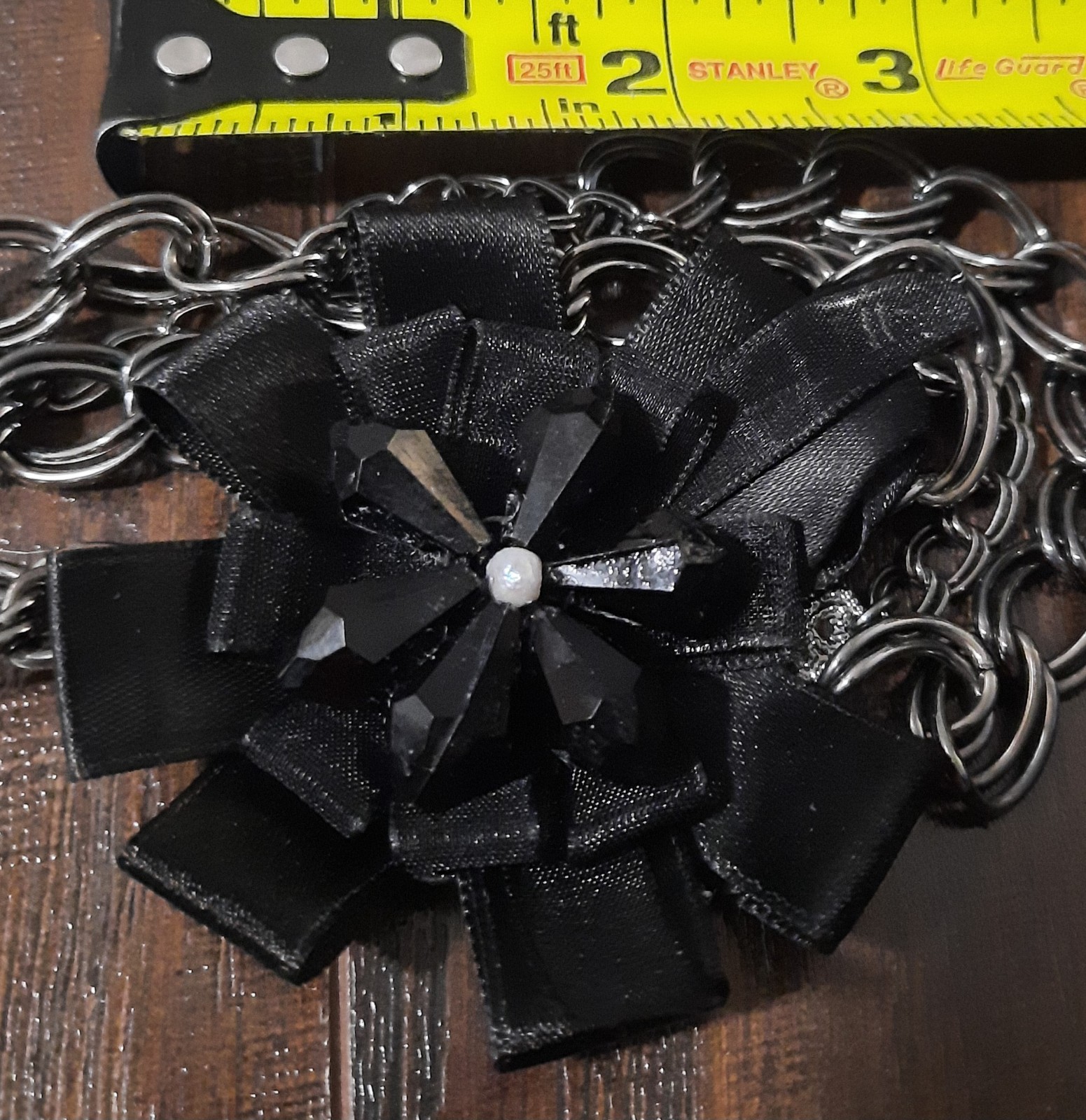 Vintage Mi-Amore Floral Bow 28″ Chain Necklace Black Chunky Statement Silvertone