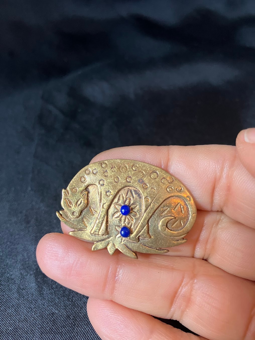 Vintage Leopard Brass Brooch Safari Jungle Lapis Lazuli Gold Wash Artisan Pin