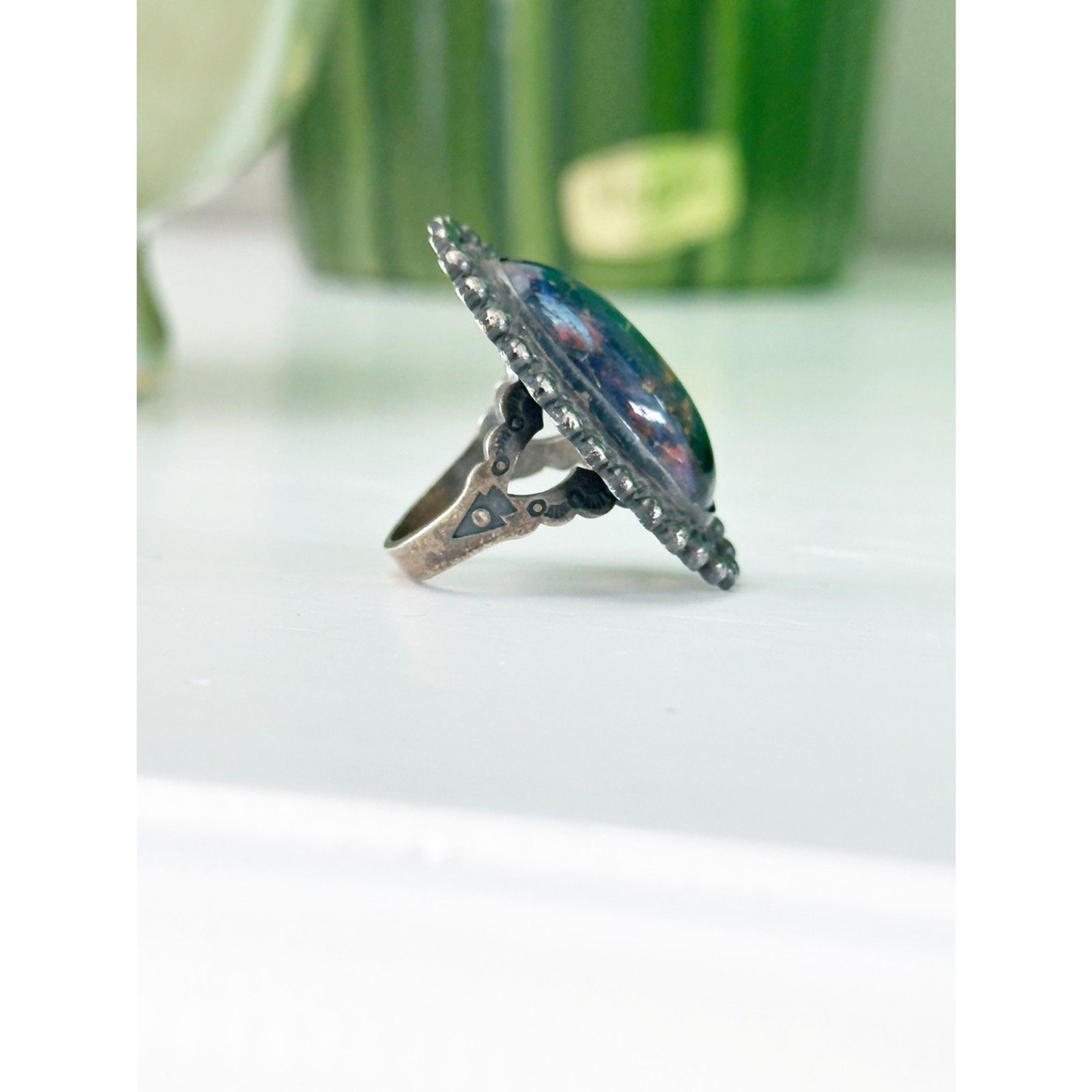 Vintage Mexico Dichroic Glass Sterling Silver Ring Foil Art