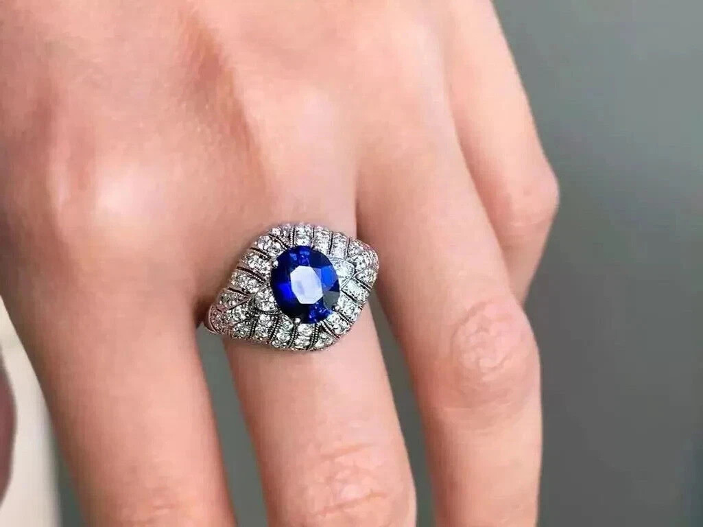 Art Deco Style Lab Created Sapphire Diamond 14k White Gold Finish Wedding Ring