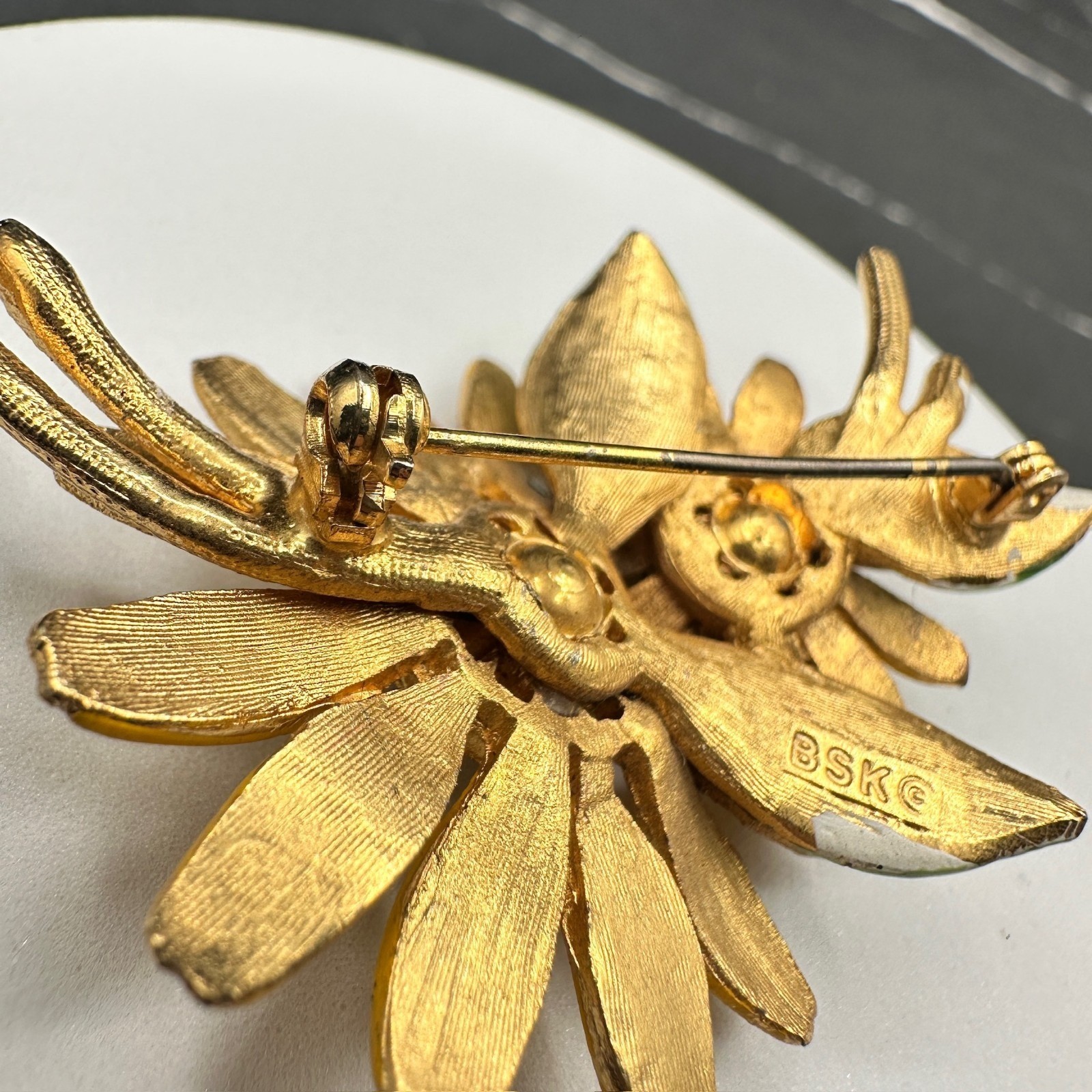 Vintage BSK Rhinestones Yellow Gold-Tone Vitreous Enamel Sunflower Brooch Pin