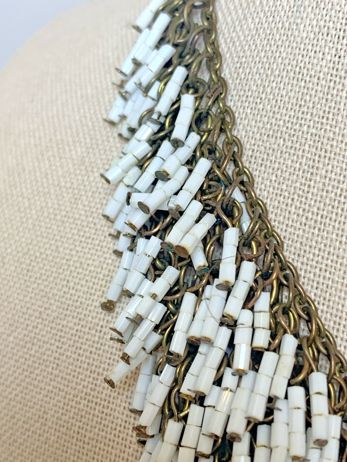 Vintage Beaded Fringe Bib Necklace White Bugle Bead Cascade Statement