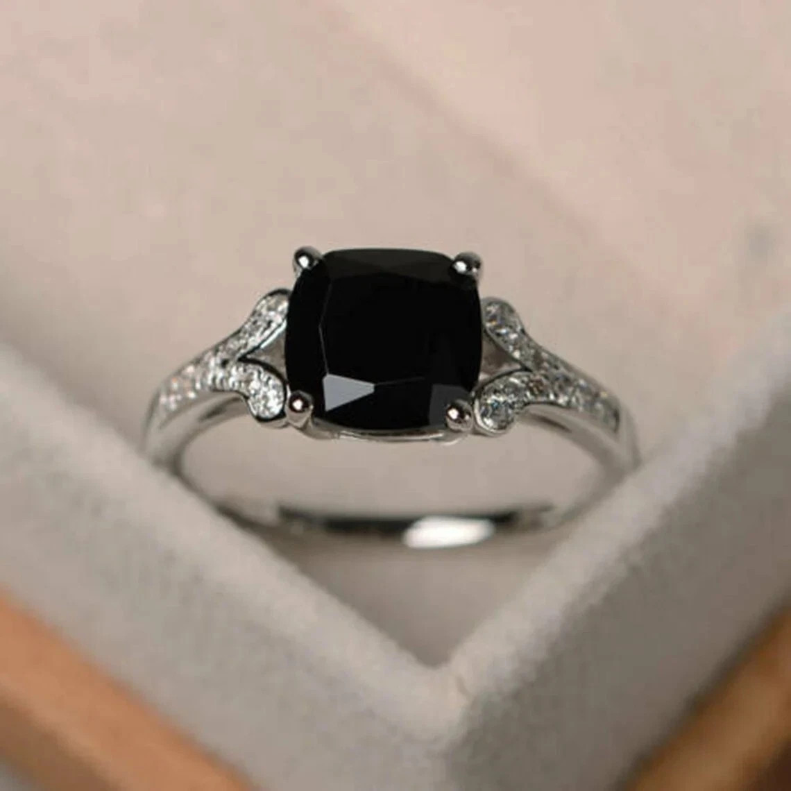 Cushion Cut Black Onyx & Lab Created Diamond Solitaire Engagement 925Silver Ring
