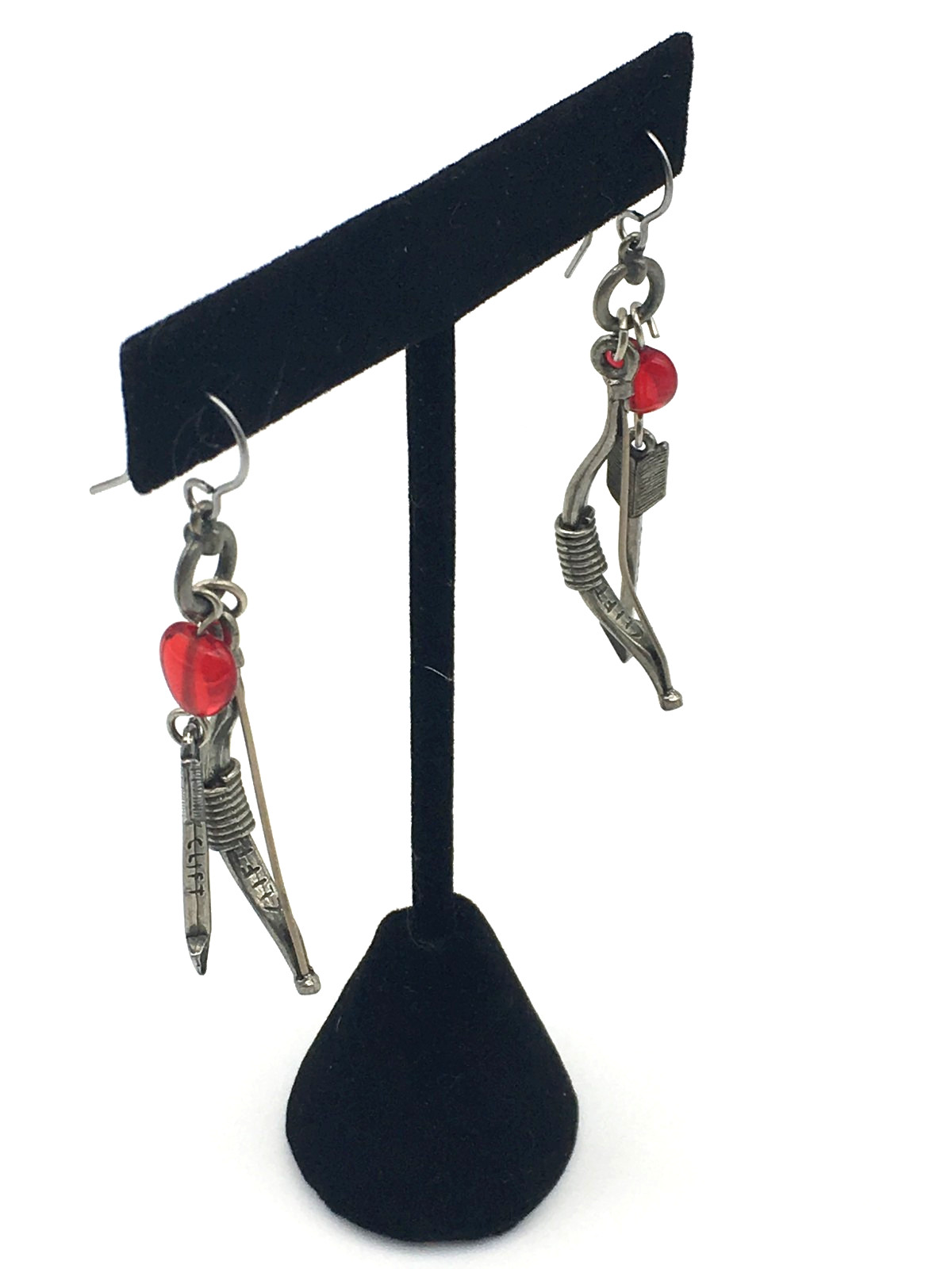 CLIFT Signed Pewter Bow & Arrow Red Lucite Heart Dangling Fish Hook Earrings