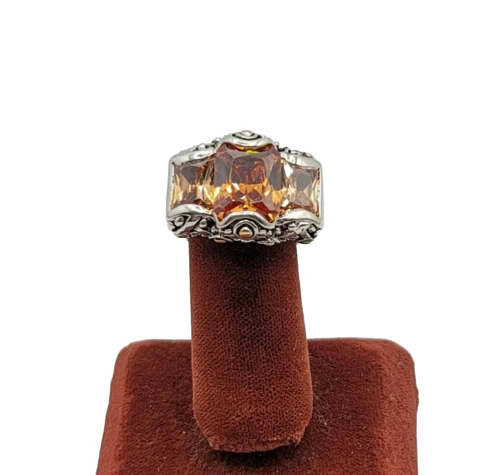 Vtg Ring Sz 10 Lg Big Topaz Citrine Cubic Zirconia Statement Fashion Jewelry