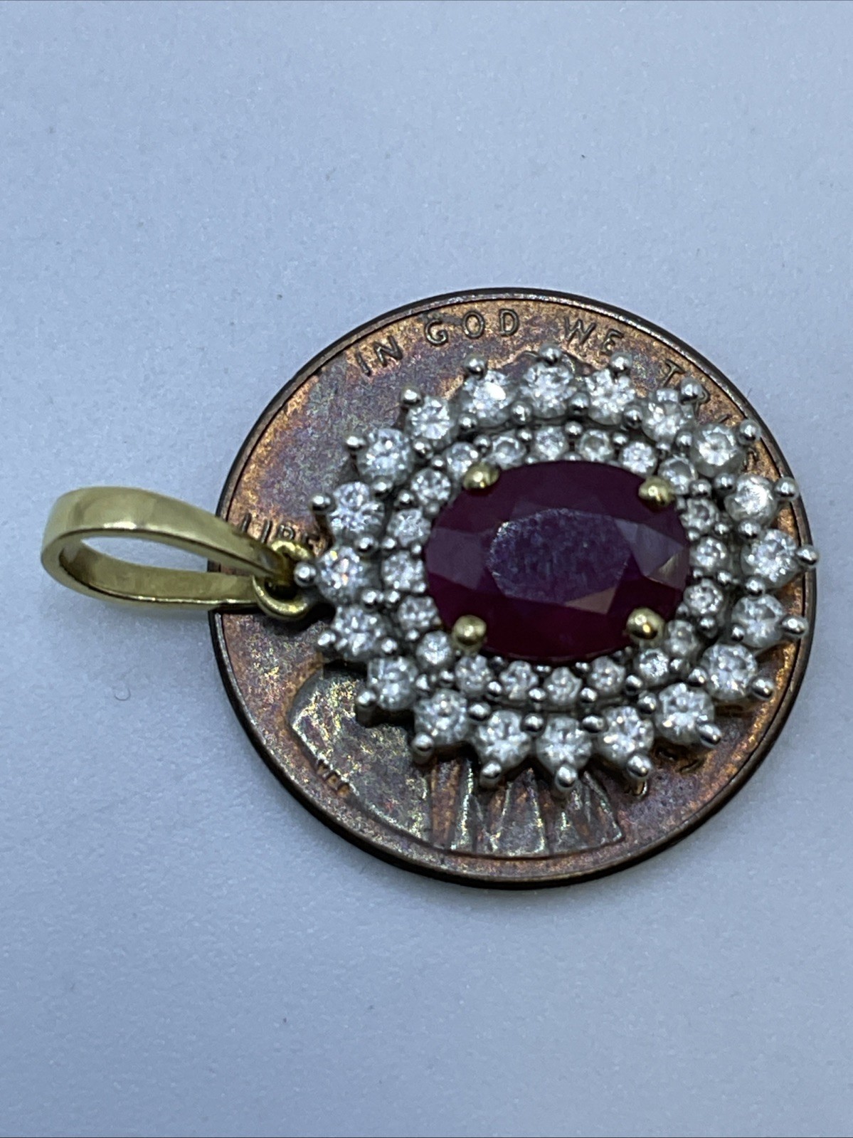 VINTAGE HANDMADE Solid 18K(750) Y.Gold Ruby & Diamonds DOUBLE HALO Style Pendant