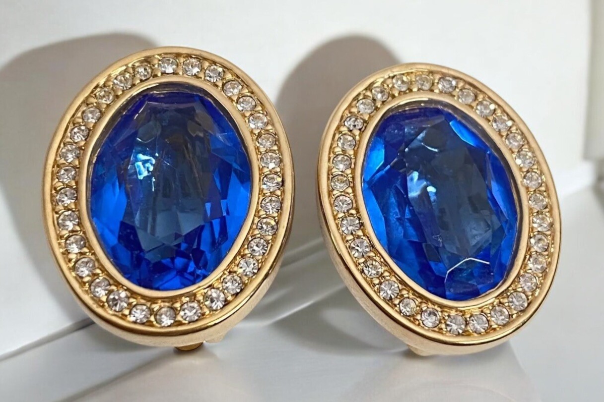 DSC Daniel Swarovski Earrings Vintage 80s Blue Oval Crystal Accents Clip On