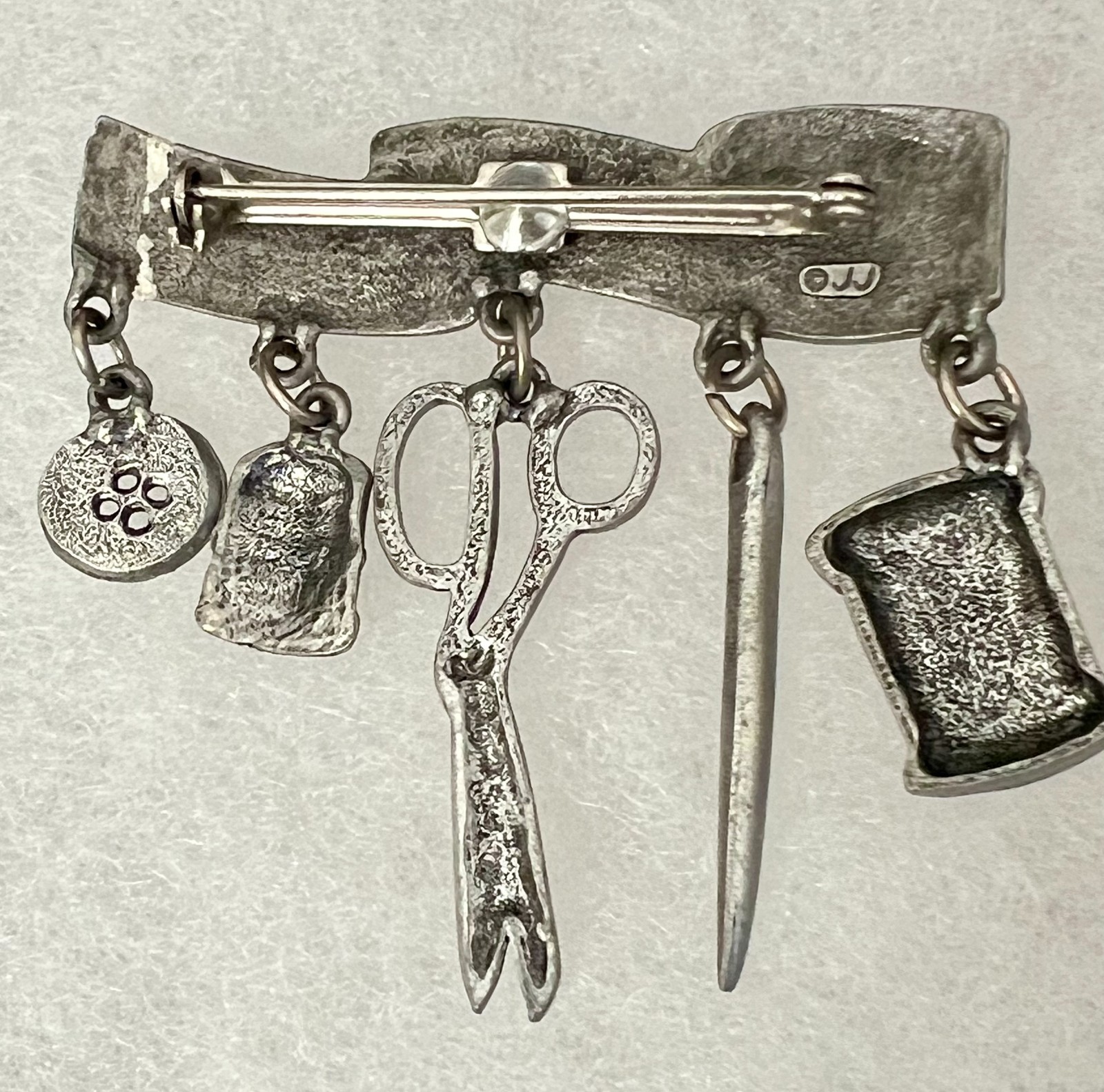 Vintage 80s Sewing Brooch Charms on Tape Measure Signed JJ Silver Tone Lapel Pin