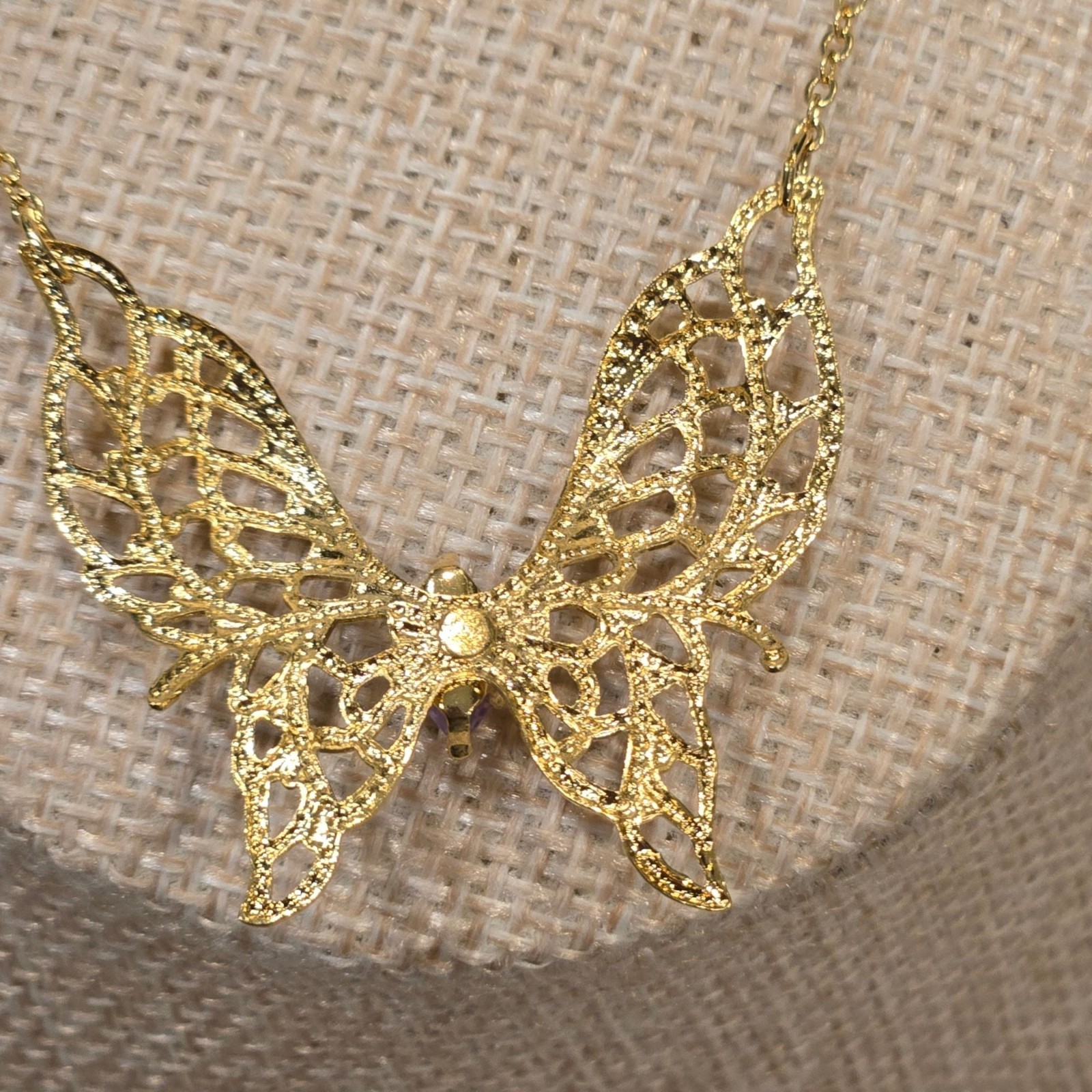 Vintage Gold Butterfly Necklace Purple Stone Filigree 14K HGE Lindenwold Jeweler