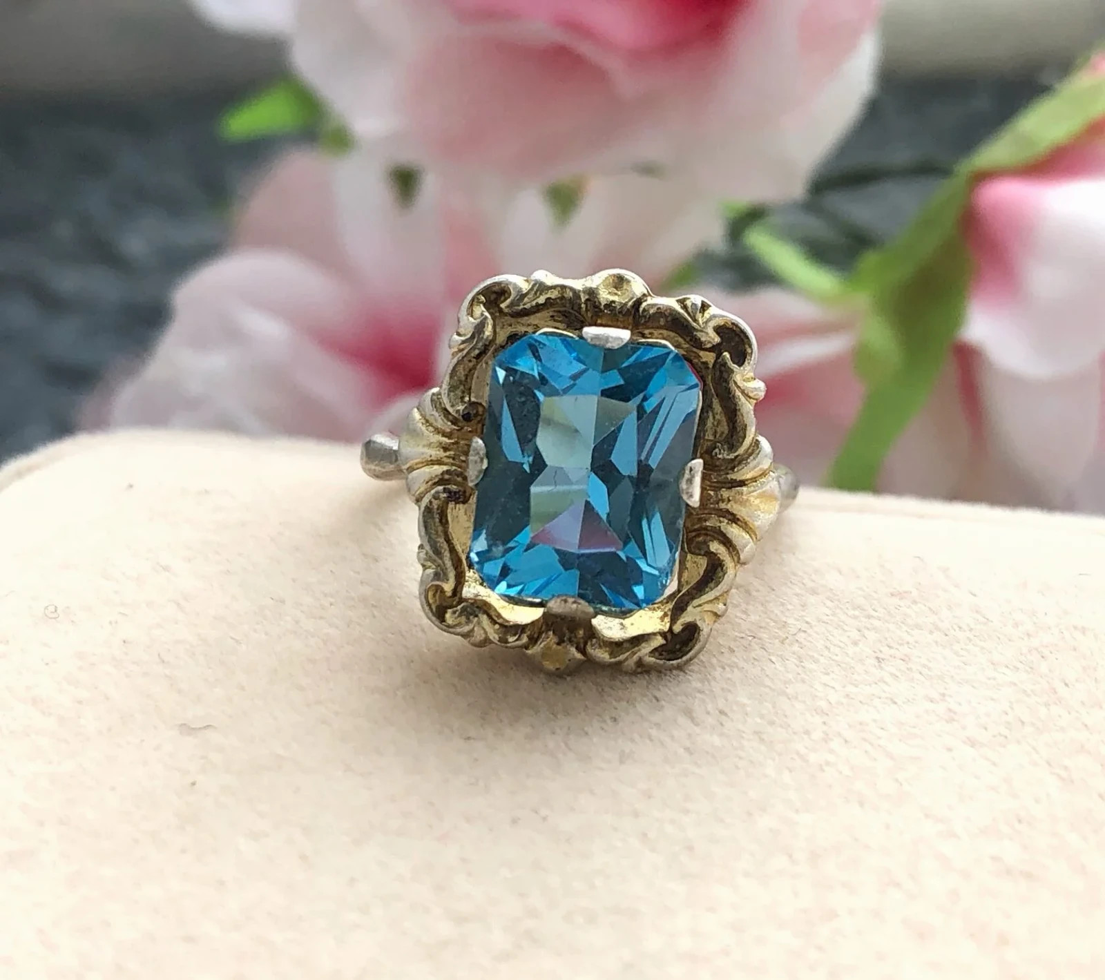 Estate Jewelry Vintage Ring Soviet Sterling Silver 875 Aquamarine Size 6 USSR