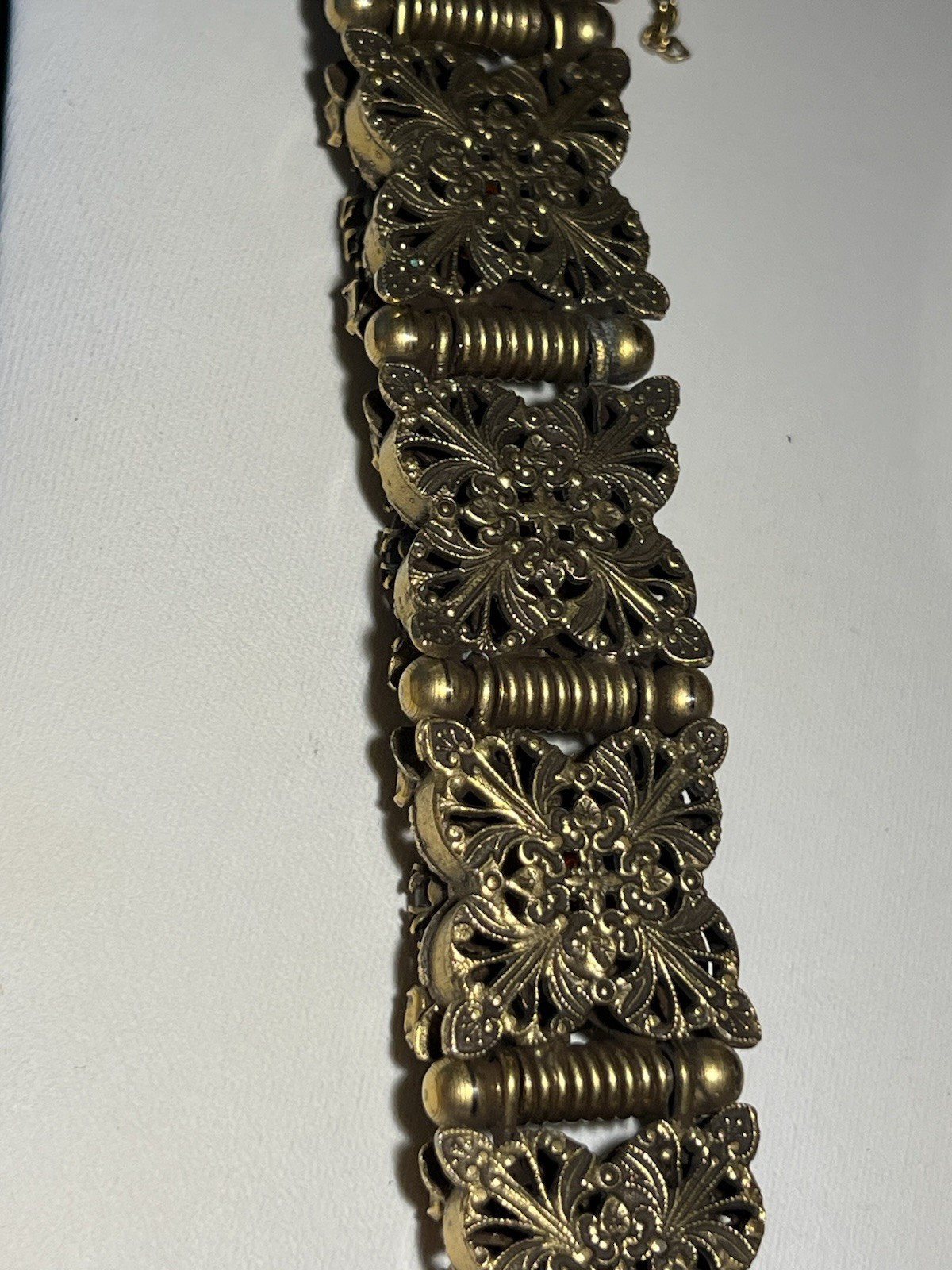 Vintage Chunky Brass Amber & Pearl Lucite Panel Bracelet Size 6.25