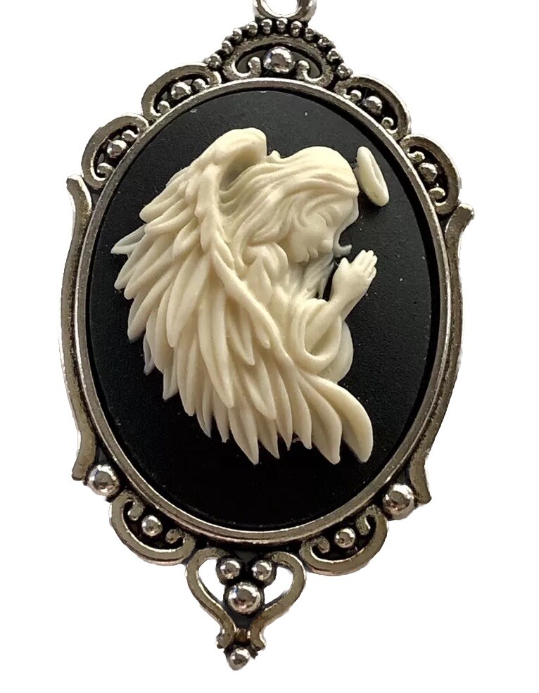 Vintage Praying Guardian Angel Cameo Pendant Necklace, Antique Silver plated