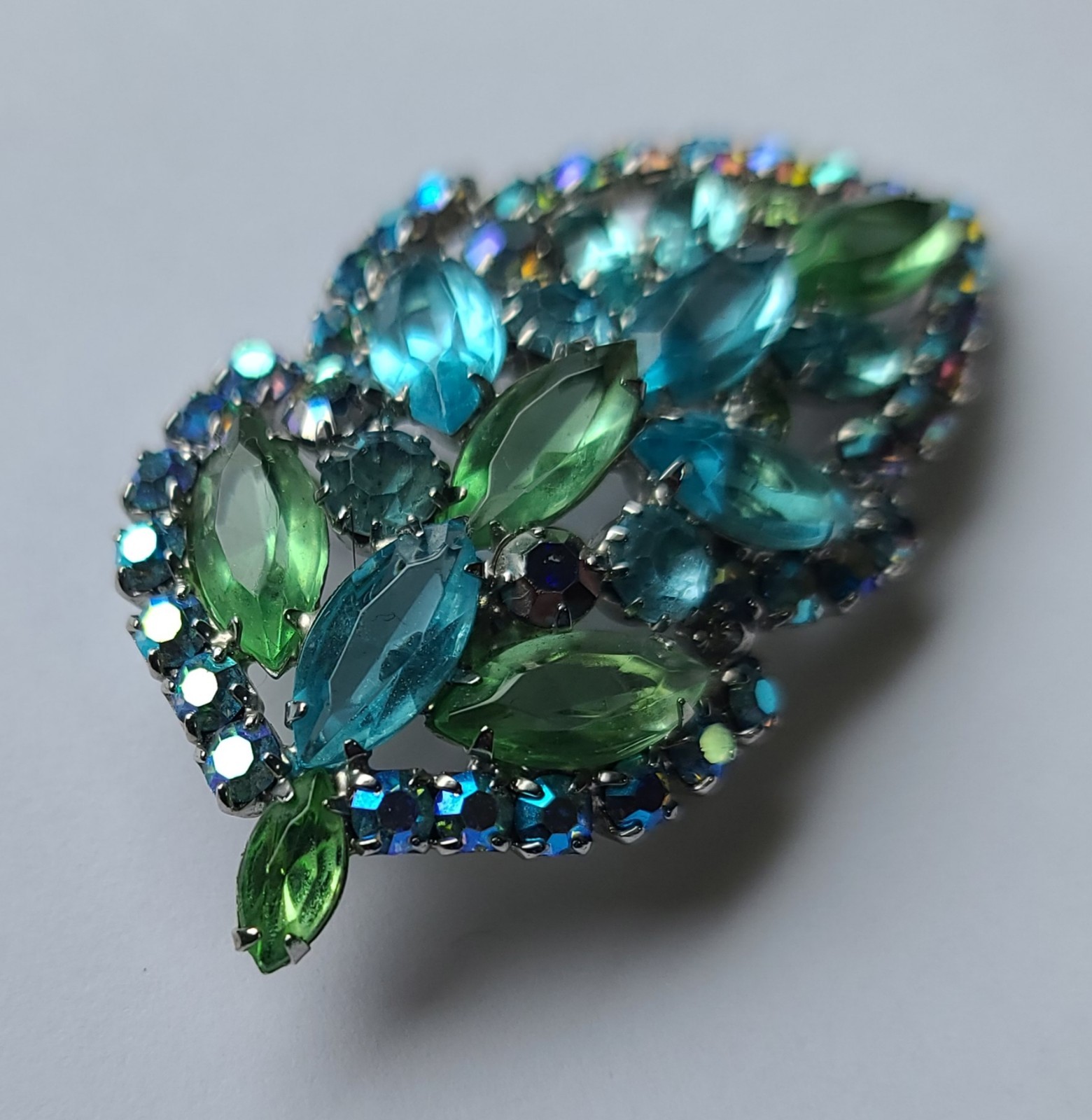VTG MCM Aque Blue & Lime Green Rhinestone Leaf Brooch Pin (Some AB Finish)