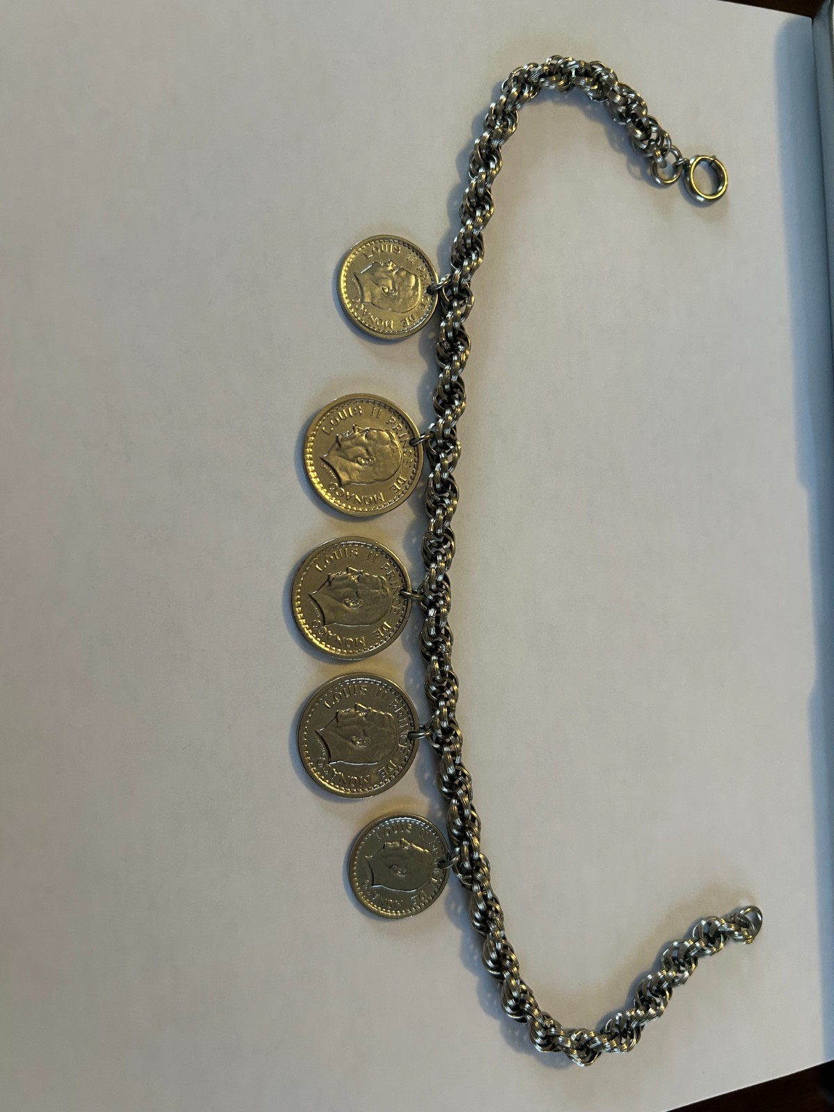 Vintage Monaco Louis II Franc Coin Charm Bracelet 67g 8″ French Riviera Jewelry