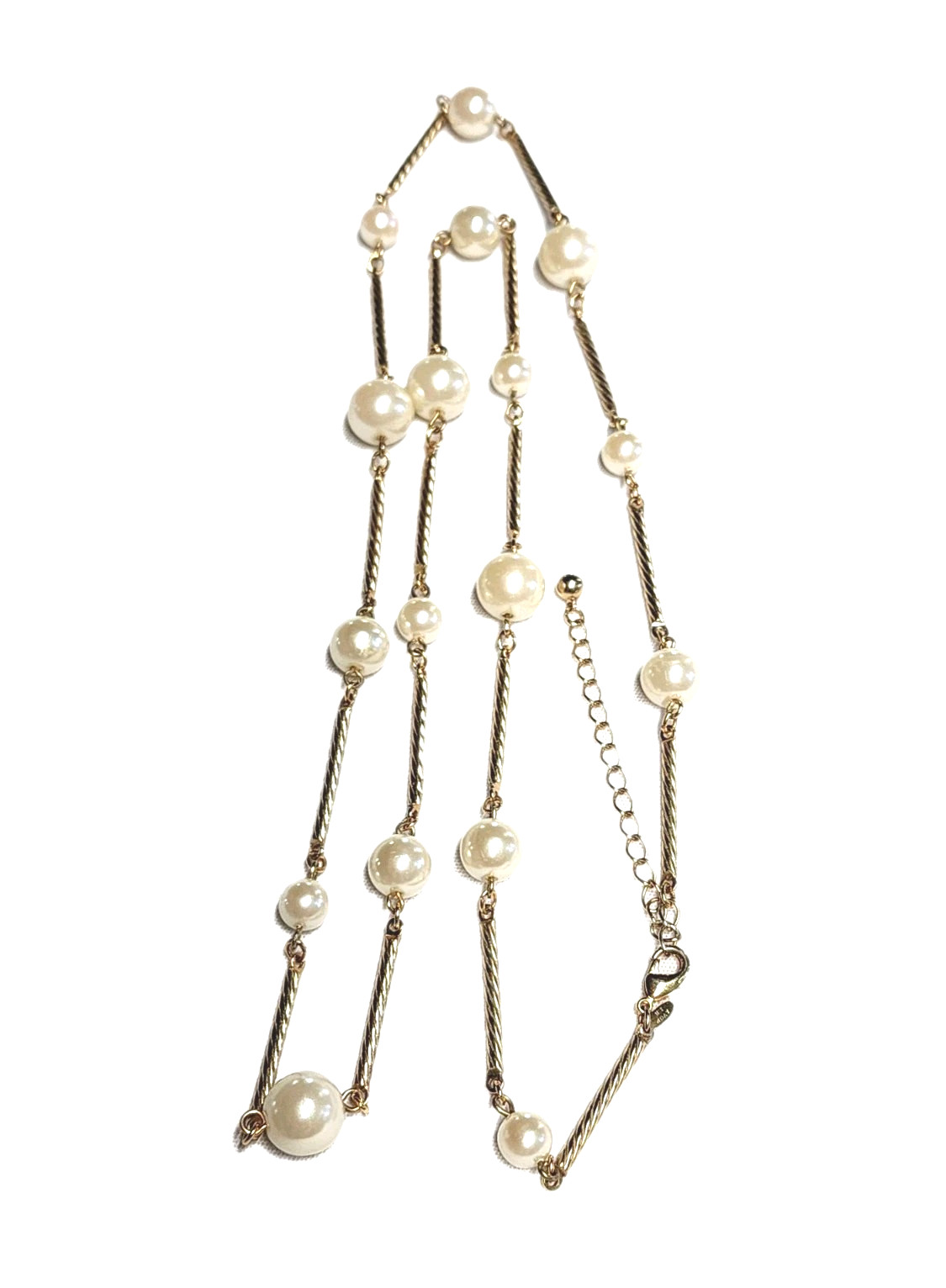 VTG AVON SH Gold Tone Twisted Bar Link & Cream White Faux Pearl Station Necklace