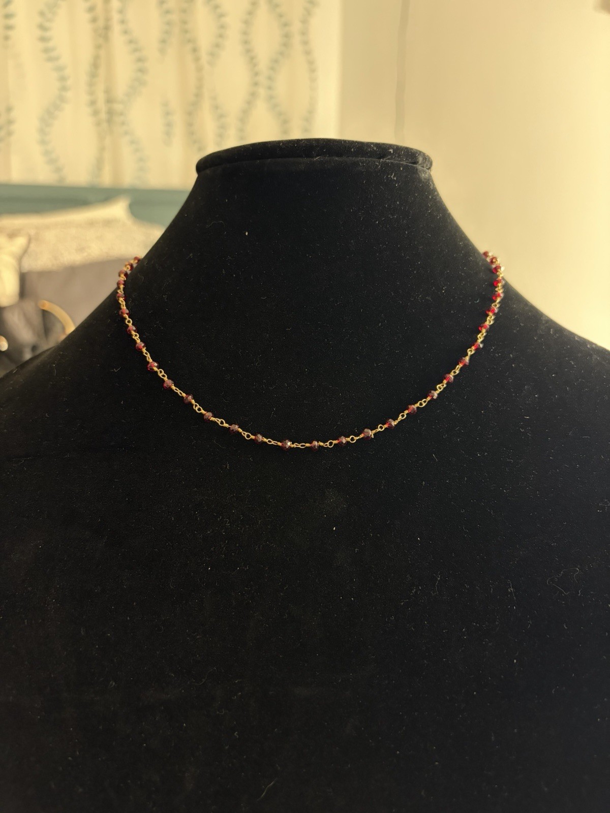 Vintage Gold Tone Red Faceted Glass Bead Station Necklace 18” Minimalist Dainty