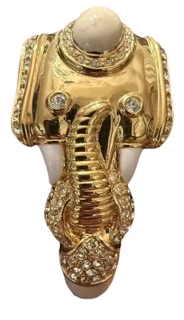 Vintage Elephant Bracelet Gold Toned Cream White Clamped