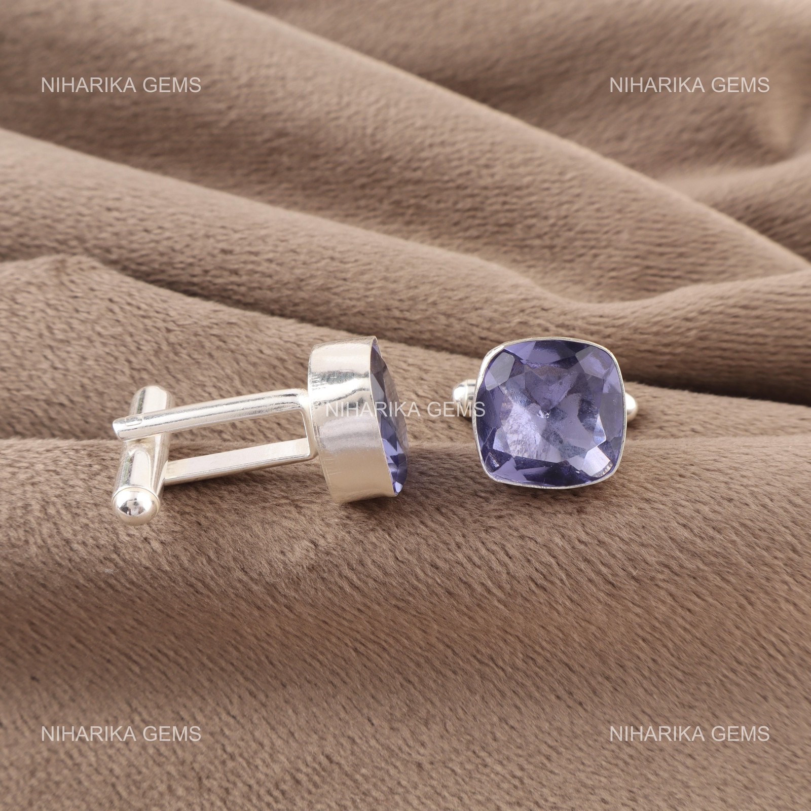 925 Sterling Silver Natural Iolite Purple Classic Dad Gifts Cufflinks Jewelry