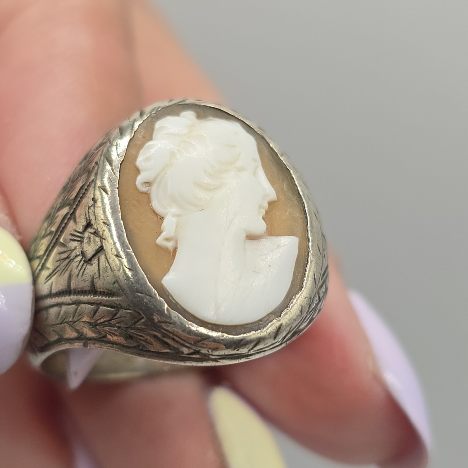 Vintage 925 Sterling Silver Shell Cameo Ring Hand‑Carved Portrait Sz 10.75