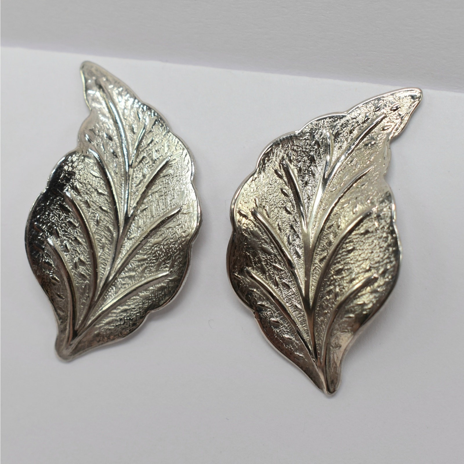 Vintage Silver Leaf Stud Statement Earrings Textured Botanical Nature Boho Chic