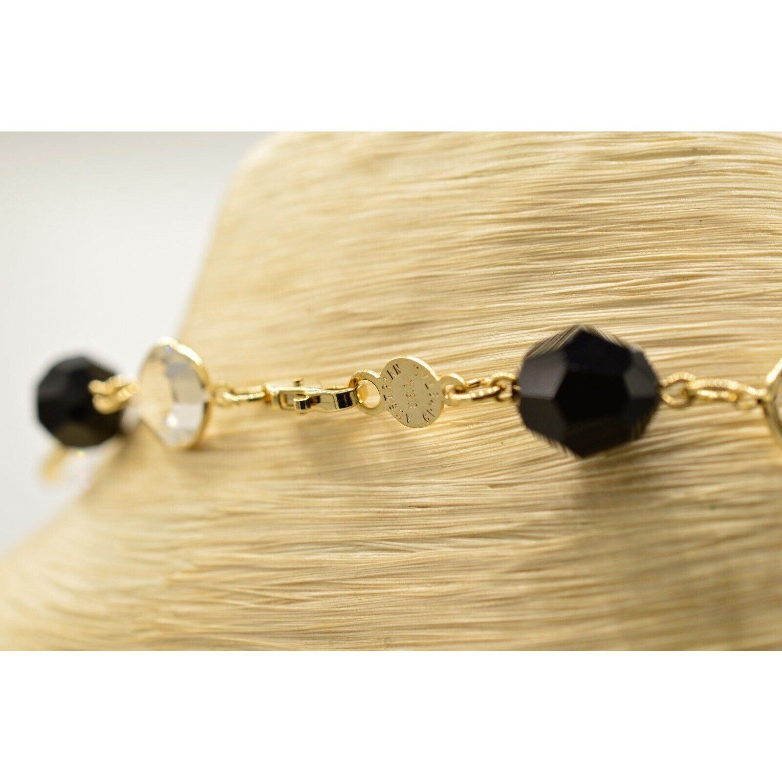 Austrian Crystal USA Vintage Necklace Open Bezel Clear Black Gold Signed 80s 9J
