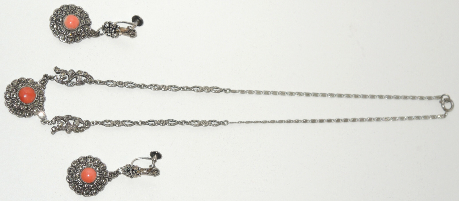Art Deco Set Sterling Silver Germany Pendant & Earrings with Coral & Marcasites