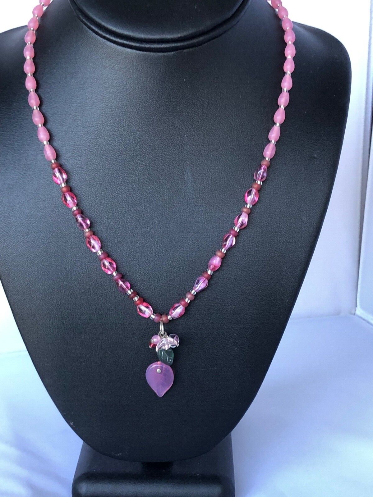 Beautiful, Delicate Pink Czech Glass Necklace with Hearts-and-Flowers Pendant