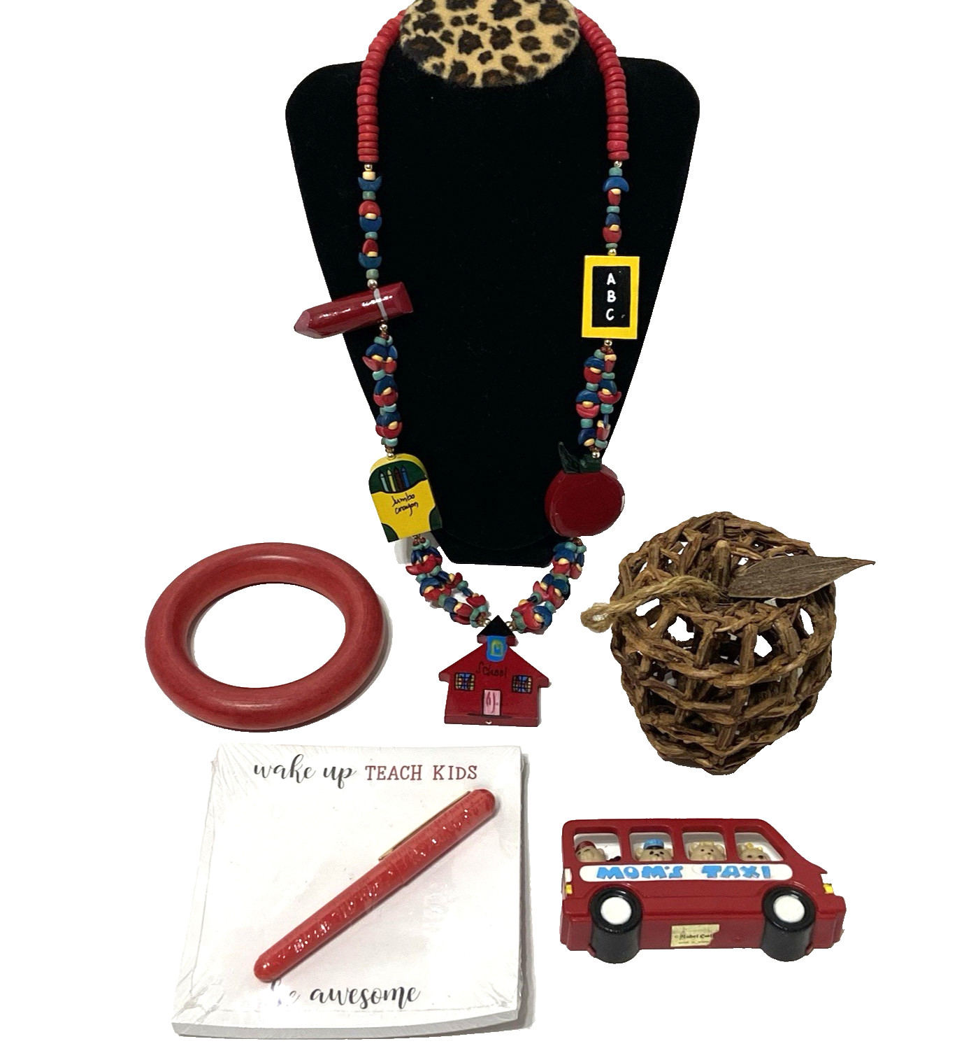 VTG Teacher Lot: Wooden Beaded Necklace & Bracelet, Notes, Apple, Magnetic Bus