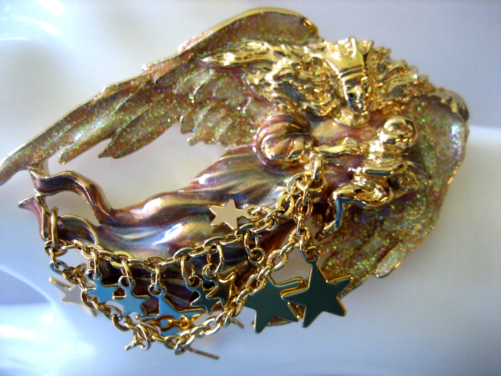 VINTAGE KIRKS FOLLY GUARDIAN ANGEL W/BABY ENAMEL STARS GLITTER BROOCH PIN