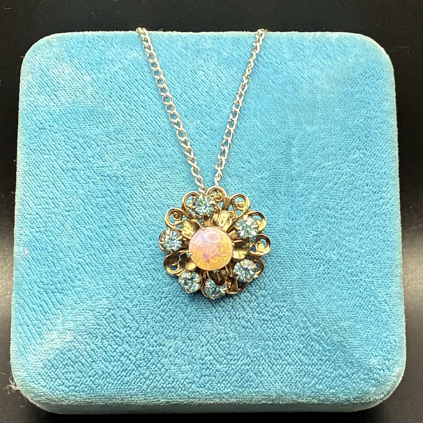Custom Vintage Faux Opal & Blue Rhinestone Pendant Necklace, Very Fetching! OOAK