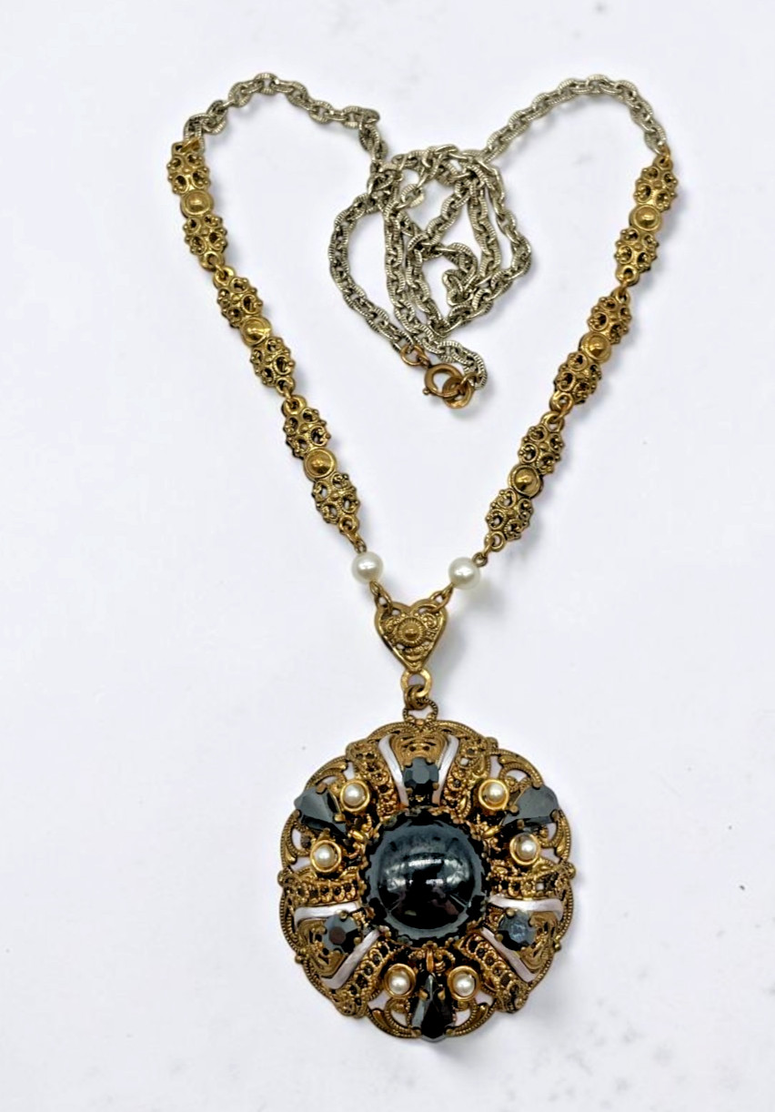 VTG W. Germany Ornate Hematite Glass Cabochon Gold tone brass filigree necklace