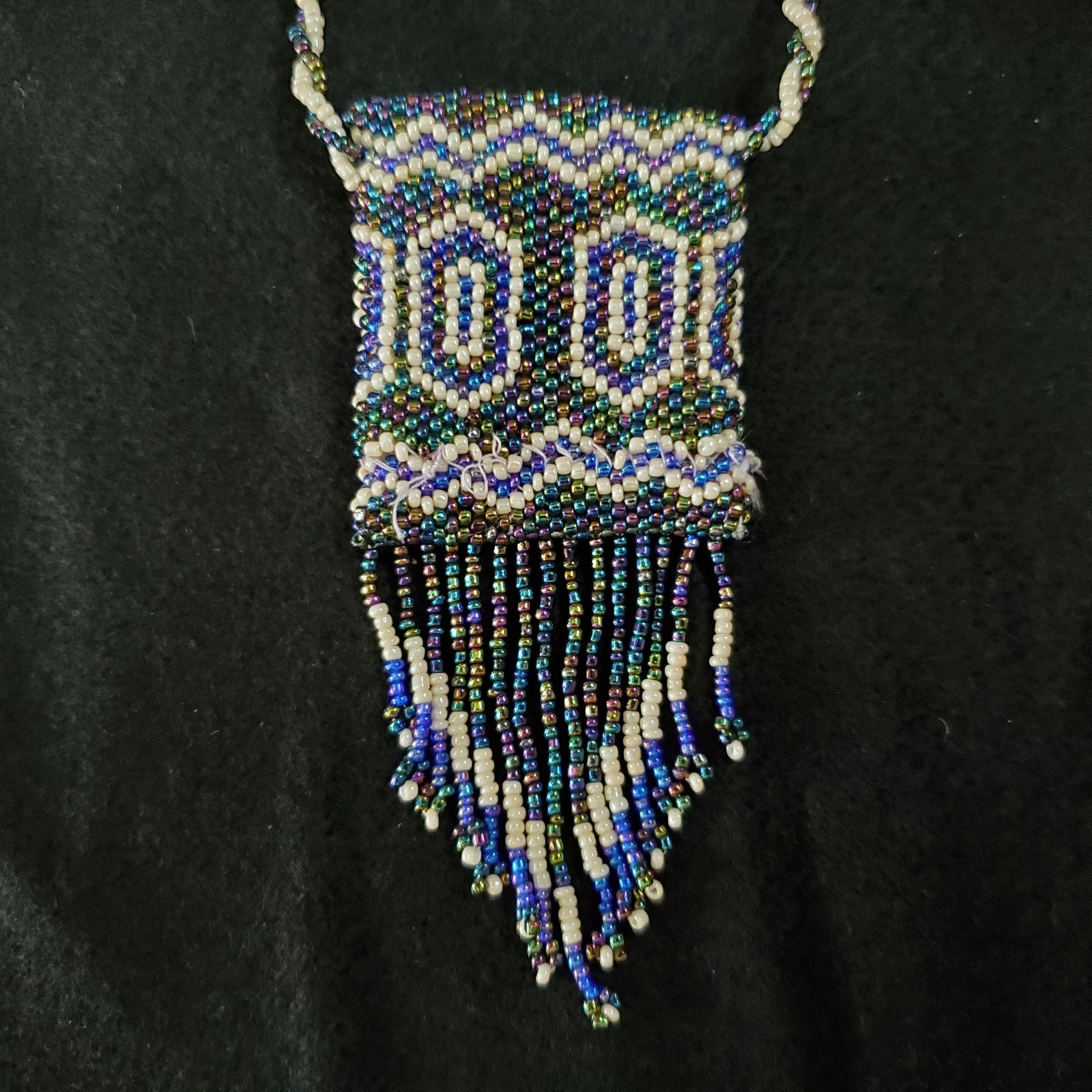 Vintage Mini Purse Necklace Seed Beaded Coin Pouch Artisan Oil Slick 24″ READ