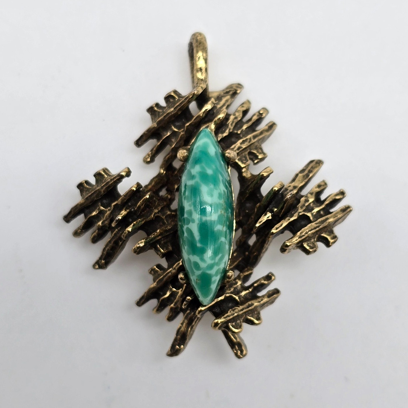 Vintage ZENTALL Brutalist Green Glass Gold Tone Brooch / Pendant